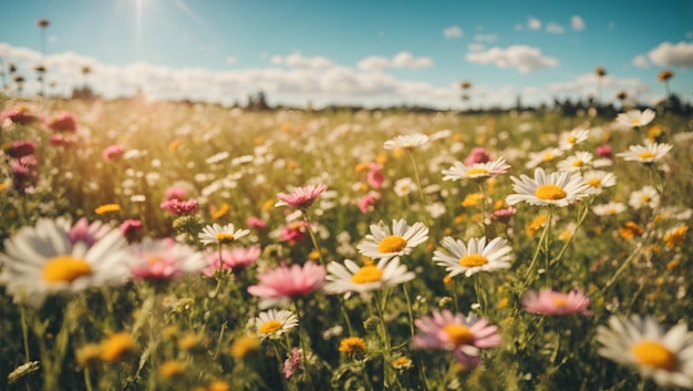 A beautiful sundrenched springsummer meadow Natural colorful panoramic landscape