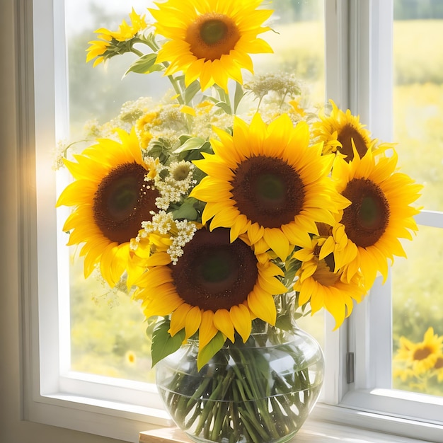 太陽に照らされた窓辺の素朴な花瓶に並べられた美しいヒマワリの花束