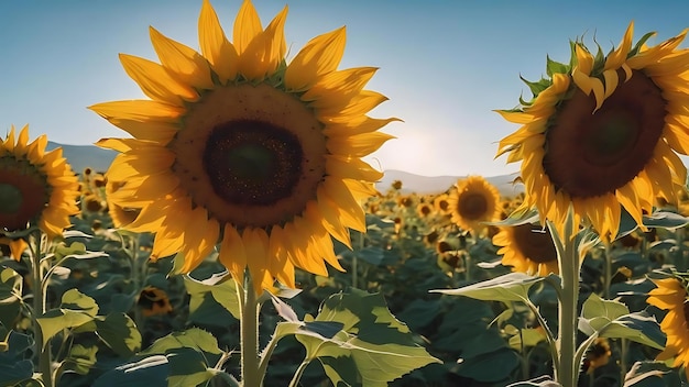 Beautiful sunflower field with a clear blue sky