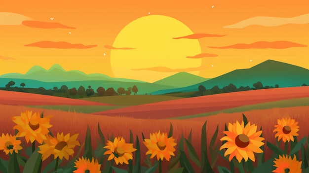 Beautiful Sunflower garden panoramic view of a field summer landscape during sunset generative AI