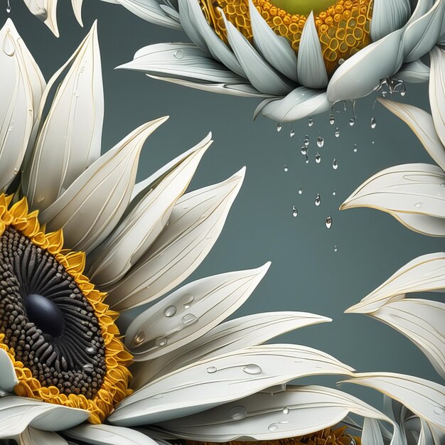 Beautiful sunflower set light particles water drops