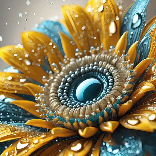 Beautiful sunflower set light particles water drops