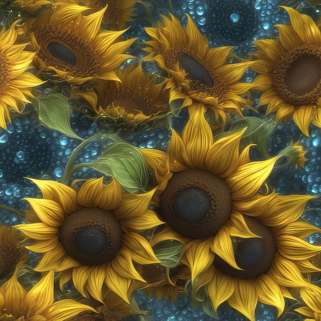 Beautiful sunflower set light particles water drops