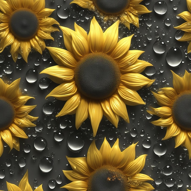 Beautiful sunflower set light particles water drops