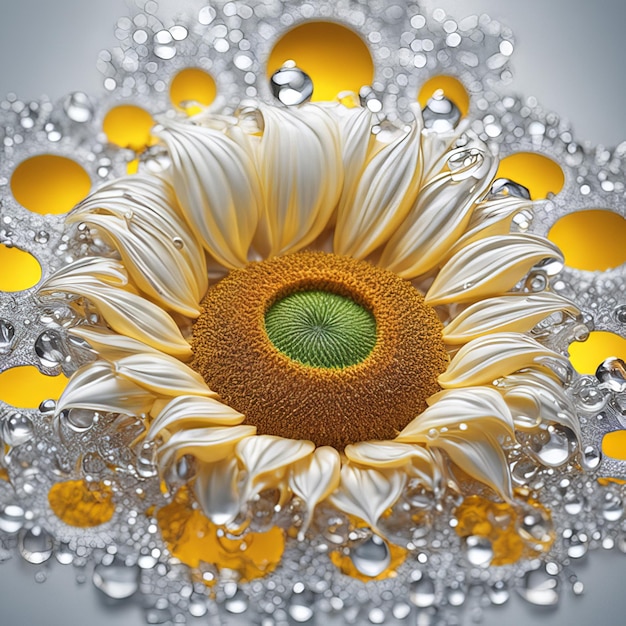 Beautiful sunflower set light particles water drops