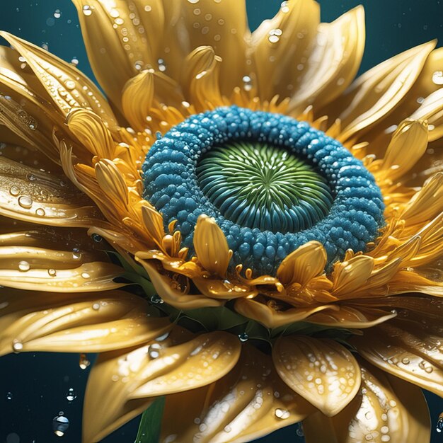 Beautiful sunflower set light particles water drops