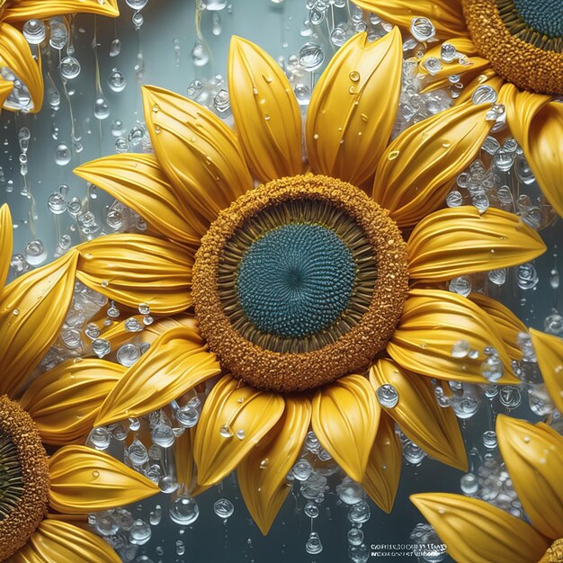 Photo beautiful sunflower set light particles water drops