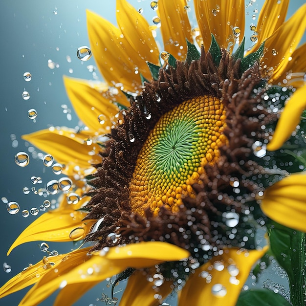 Beautiful sunflower set light particles water drops