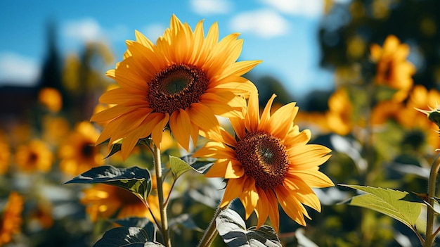 A beautiful sunflower with green leaves with sunlight effect behind of flower with blue sky