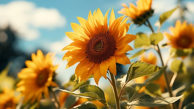 A Beautiful sunflower with green leaves with sunlight effect behind of flower with blue sky