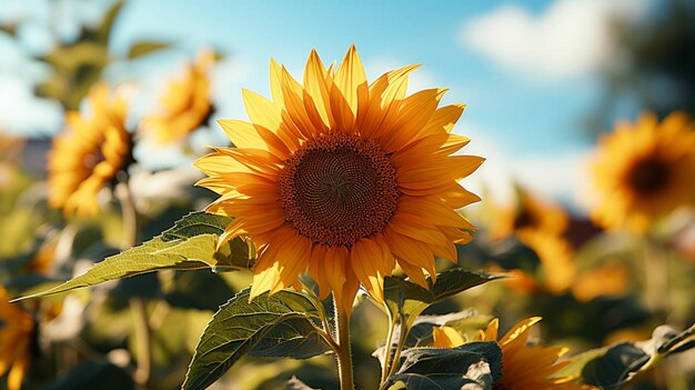 A beautiful sunflower with green leaves with sunlight effect behind of flower with blue sky