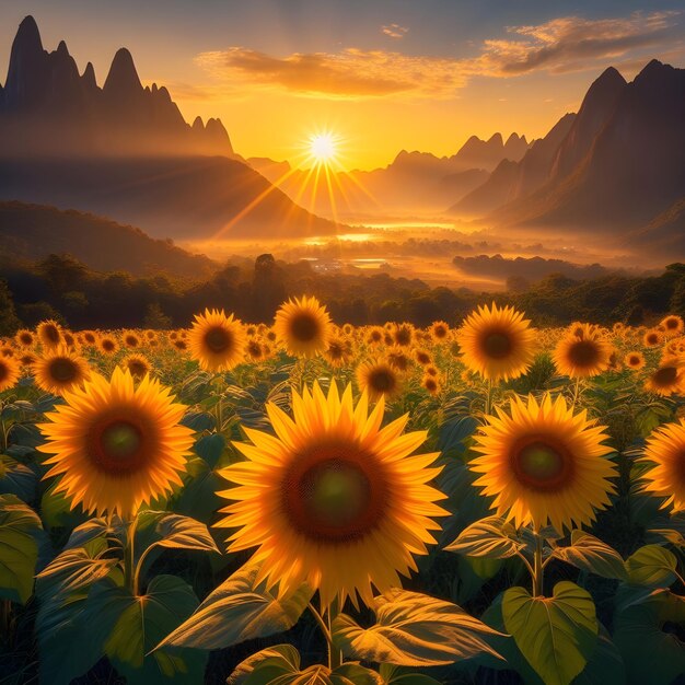 Photo beautiful sunflowers blooming at sunrise