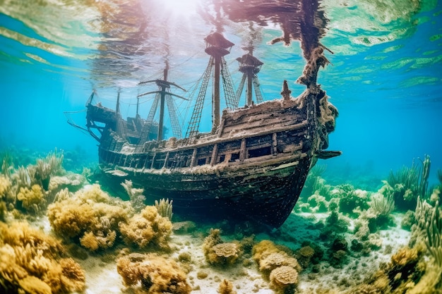 Beautiful sunken wooden old sailing ship at the bottom of the ocean among magical corals and reefs extreme closeup generative ai