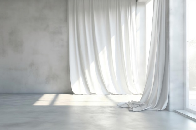 Beautiful sunlight blowing white blackout curtain from open window on blank room