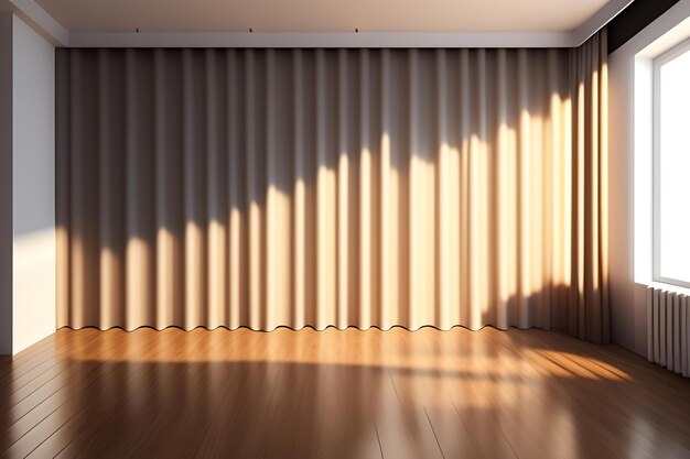 Beautiful sunlight blowing white sheer curtain from open window on blank beige brown wall wood par