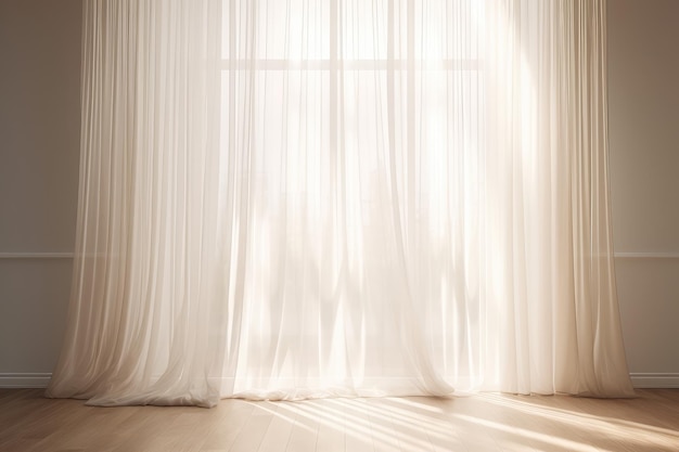Beautiful sunlight blowing white sheer linen blackout curtain from open window AI