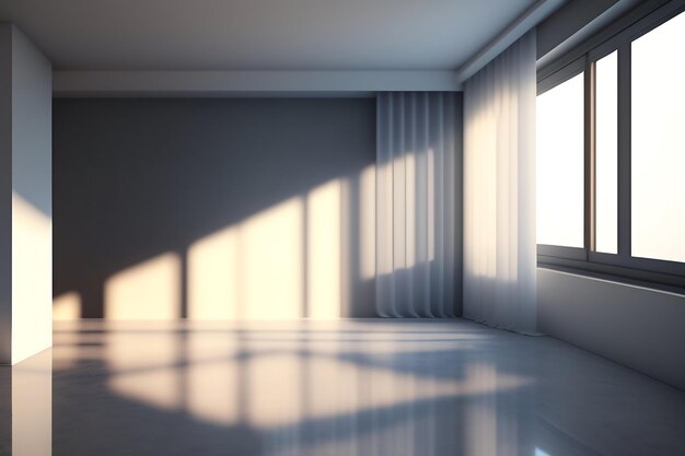 Beautiful sunlight blowing white sheer linen blackout curtain from open window on blank white conc