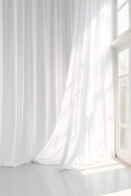 Beautiful sunlight blowing white sheer linen in the room