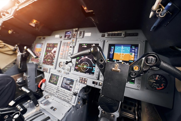 Beautiful sunlight Close up focused view of airplane cockpit