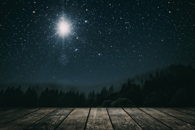 Bella luce solare nel bosco con una tavola di legno