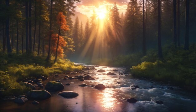 A beautiful sunlit forest with a stream running through it The sunlight is shining on the water creating a serene and picturesque scene