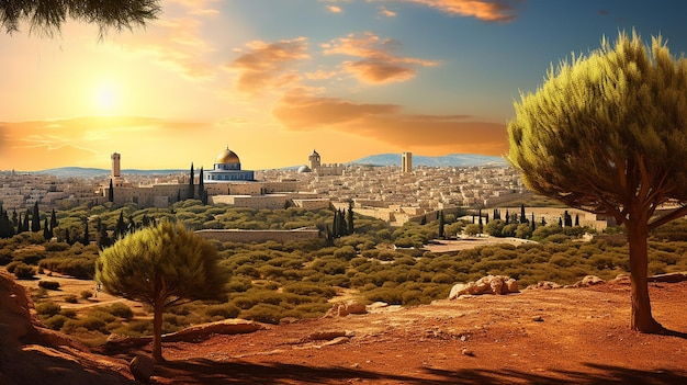 beautiful sunlit view of Jerusalem old city landmarks temple mount with dome of the rock