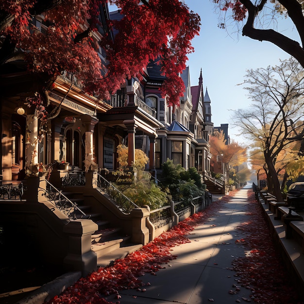 a beautiful sunny autumn day in the streets of New York City autumn color bright