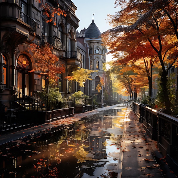 a beautiful sunny autumn day in the streets of New York City autumn color bright