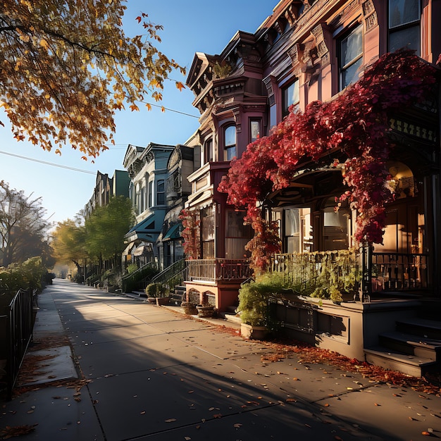 a beautiful sunny autumn day in the streets of New York City autumn color bright