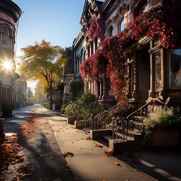 a beautiful sunny autumn day in the streets of New York City autumn color bright