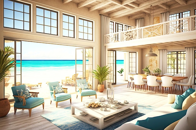 Beautiful sunny beachfront villa with large windows and terrace overlooking sea generative ai