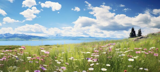 Photo beautiful sunny day in a meadow full of wildflowers