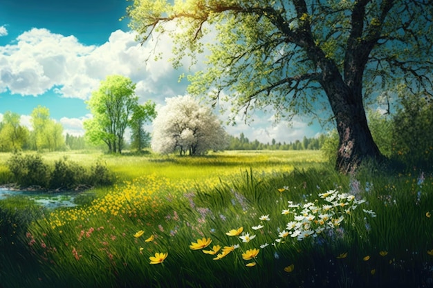 Beautiful sunny day in meadows with flowers and trees flower meadow in spring created with generativ