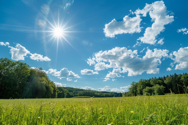 Photo a beautiful sunny day with a bright blue sky puffy white clouds and a green meadow in the foreground a bright sunny day with a clear blue sky