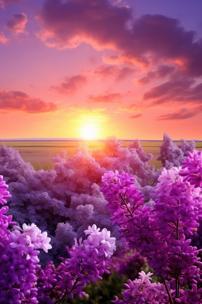 A beautiful sunny day with purple flowers in the style of dreamlike horizons