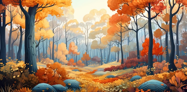 Beautiful sunny landscape in the autumn golden tones generative ai