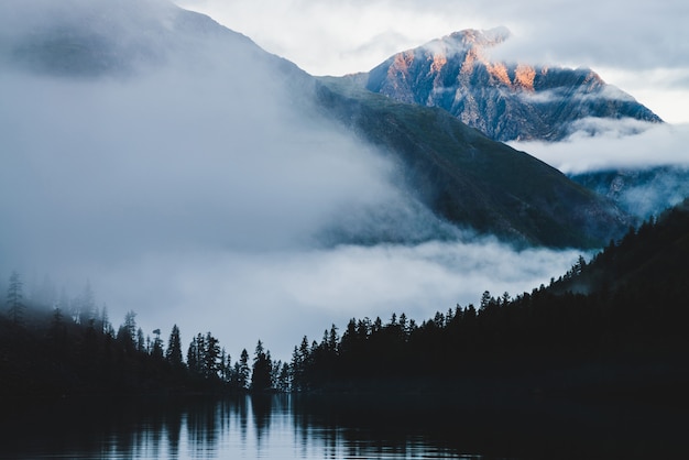 Bellissimo picco soleggiato all'alba sopra siluette della foresta di conifere.