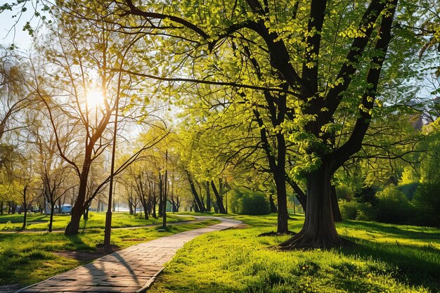 公園や屋外の風景の美しい晴れた春と夏の自然の木