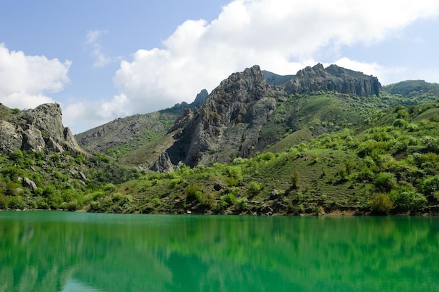 Beautiful sunny valley between the mountains with lush clouds in the Crimea Crimean peninsula The peninsula was annexed to the Russian Federation Ukraine