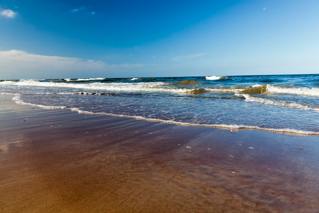 バルト海沿岸の美しい晴天、バルト海沿岸の寒い夏の天候、青い空と水面にたくさんの波がある晴れた日の海の海の風景