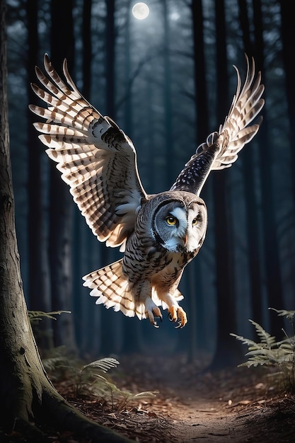 Beautiful sunrays in the spring forest and owl Flying bird