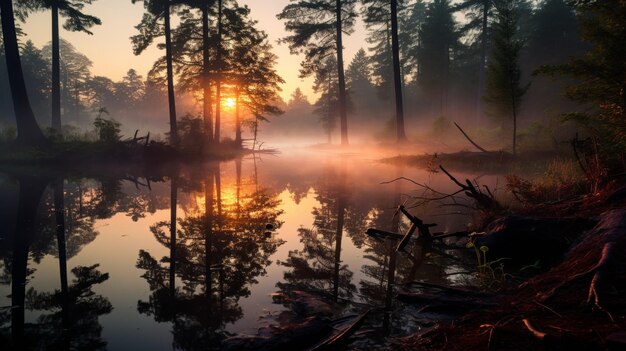 写真 湖と森の背景に美しい日の出