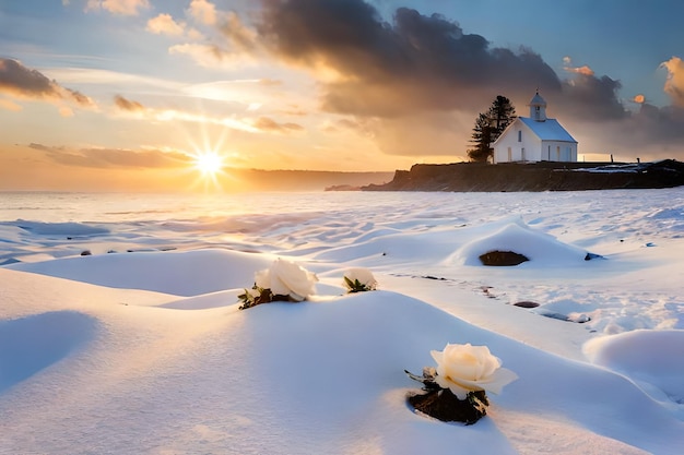 a beautiful sunrise over a beach with a lighthouse in the background.