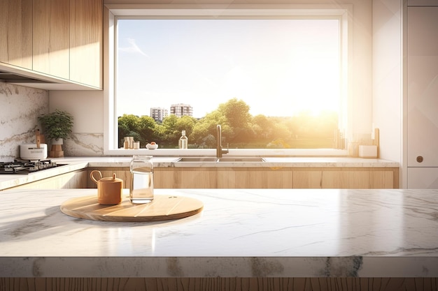 Beautiful sunrise in a bright contemporary kitchen with a white granite island and counter top a washing sink and space for displaying goods Background Home