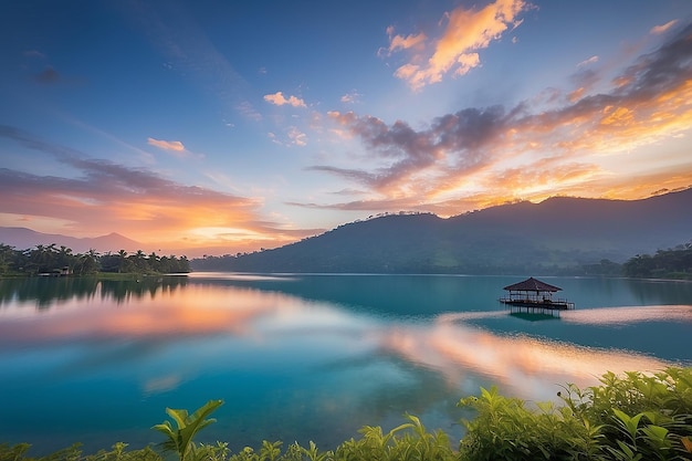 Beautiful Sunrise at Buyan Lake with blue sky Bali