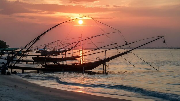 Beautiful sunrise and fishing dip nets at pakpra in phatthalung thailand