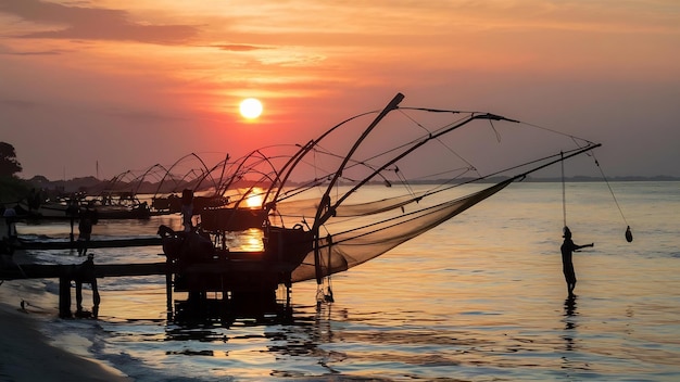 Photo beautiful sunrise and fishing dip nets at pakpra in phatthalung thailand