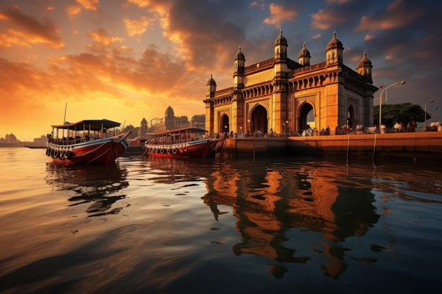 Photo beautiful sunrise at gateway of india with reflecting boats