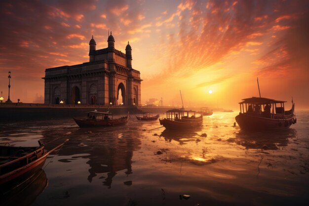 Beautiful sunrise at Gateway of India with reflecting boats