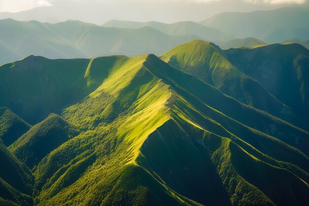 朝の光の中の緑の山々の美しい日の出、明るい青空にふわふわの雲、自然の鮮度のコンセプト